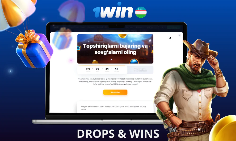 1win-da 2 ta alohida aksiya, Drops & Wins mavjud, ular Slotlar va Live Casino kategoriyalarida mavjud