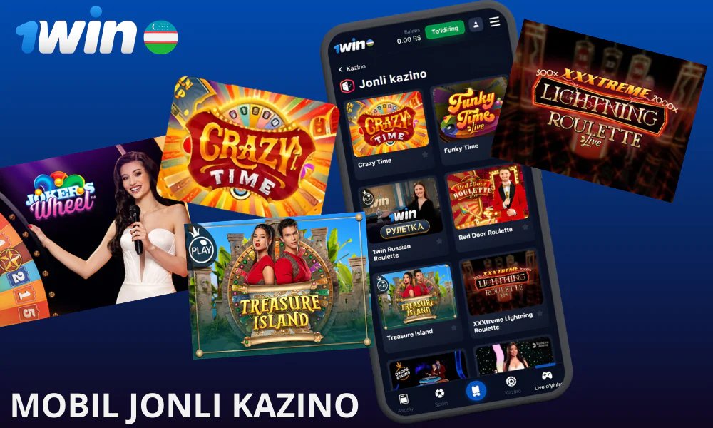1win dasturining pastki gorizontal menyusi orqali jonli kazino toifasiga kirish