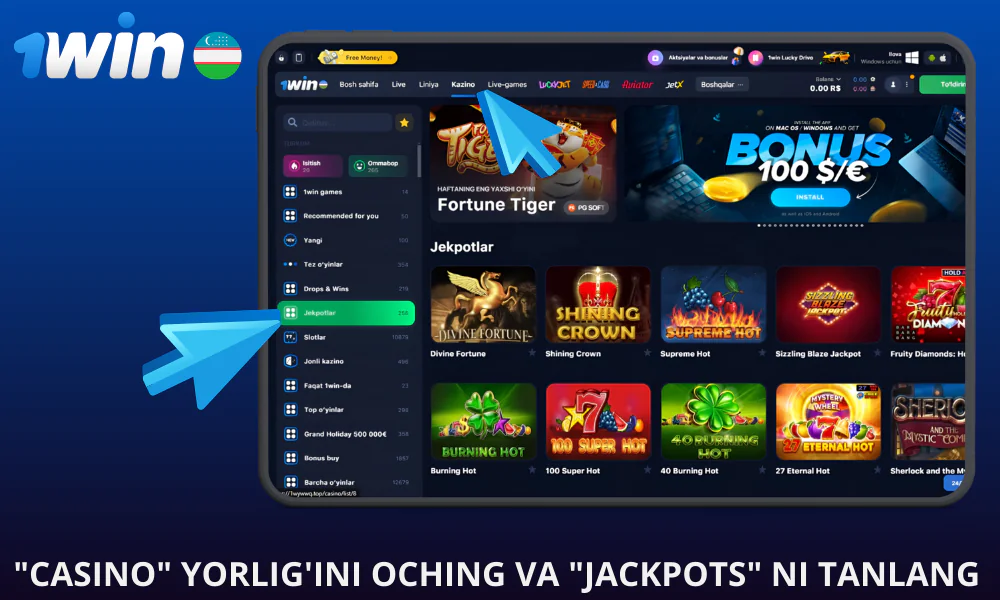 Yuqori navigatsiya menyusidagi Casino yorlig'ini oching va Jackpots ni tanlang