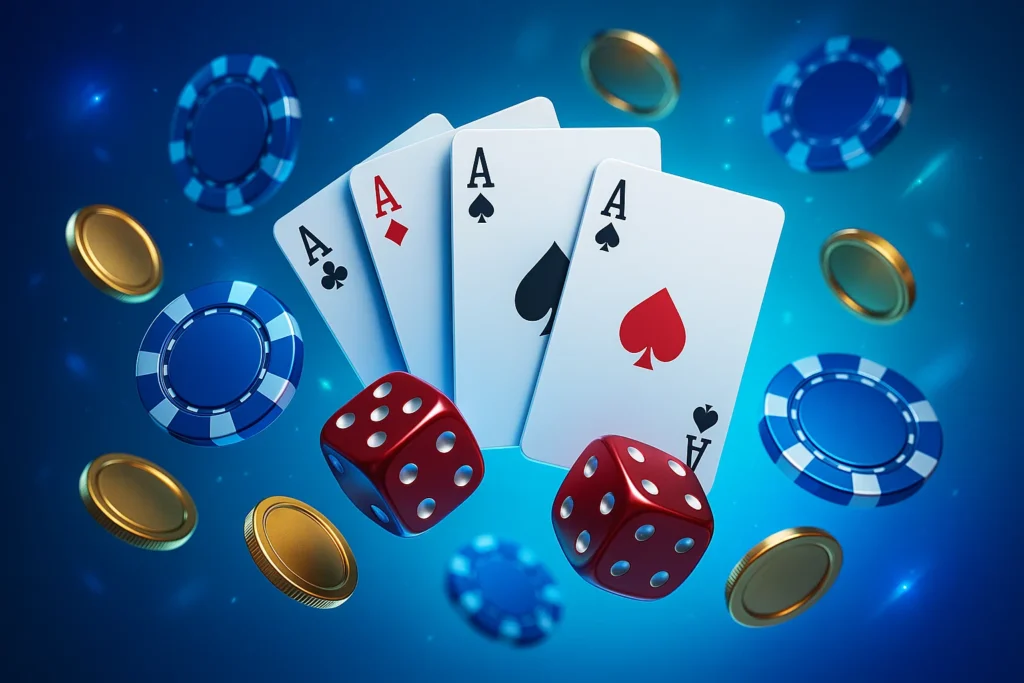 Online casino four aces with red dice and blue poker chips on glowing background